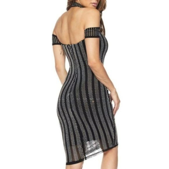 Banjul Bodycon Choker Striped Studded Dress Black Silver Size Medium NWT - Picture 1 of 3
